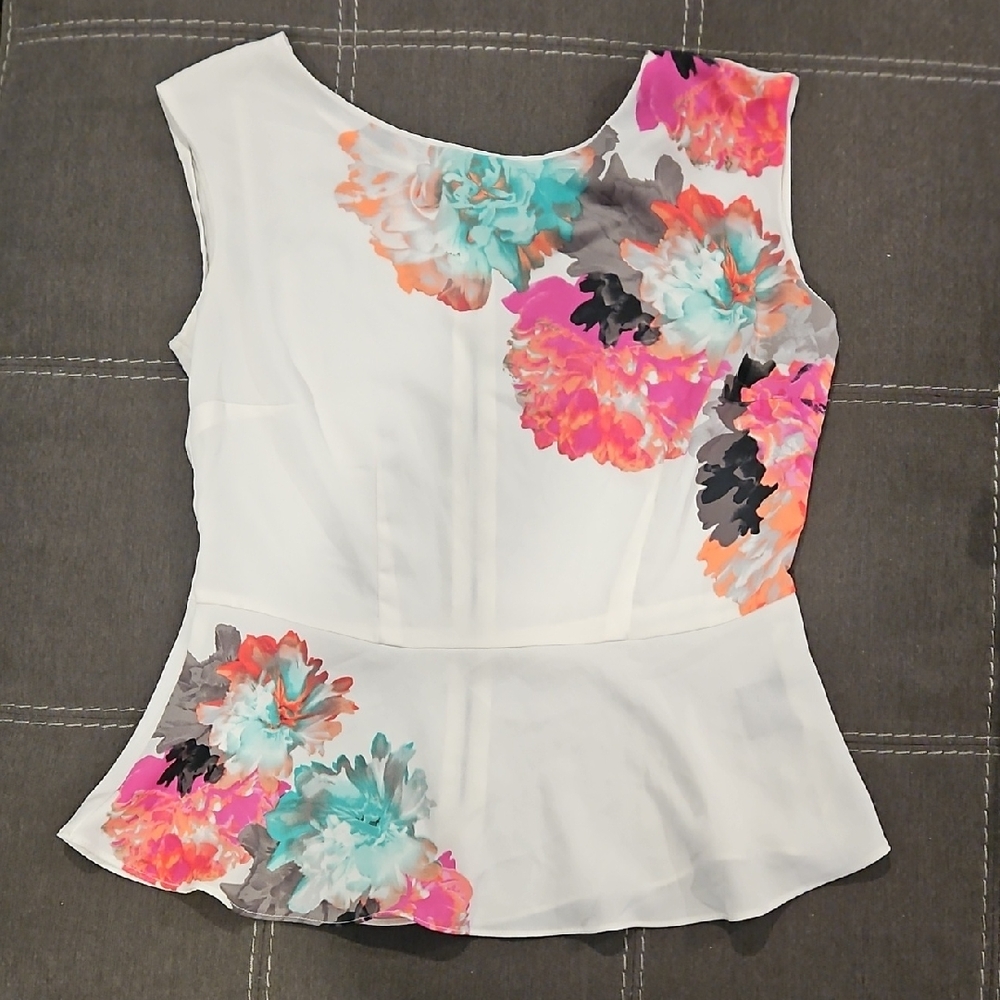 Worthington White Floral Peplum Camisole with Pink & Teal Flowers